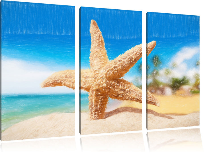 Pixxprint Seestern im Sandstrand von Palm Beach Kunst Buntstift Effekt 3-Teiler Leinwandbild 120x80