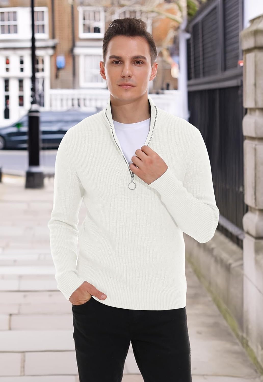 Hisir Pullover Herren Strickpullover 1/4 Zip Pulli Männer, Bequem Weich Warmer Winter Pullover für M