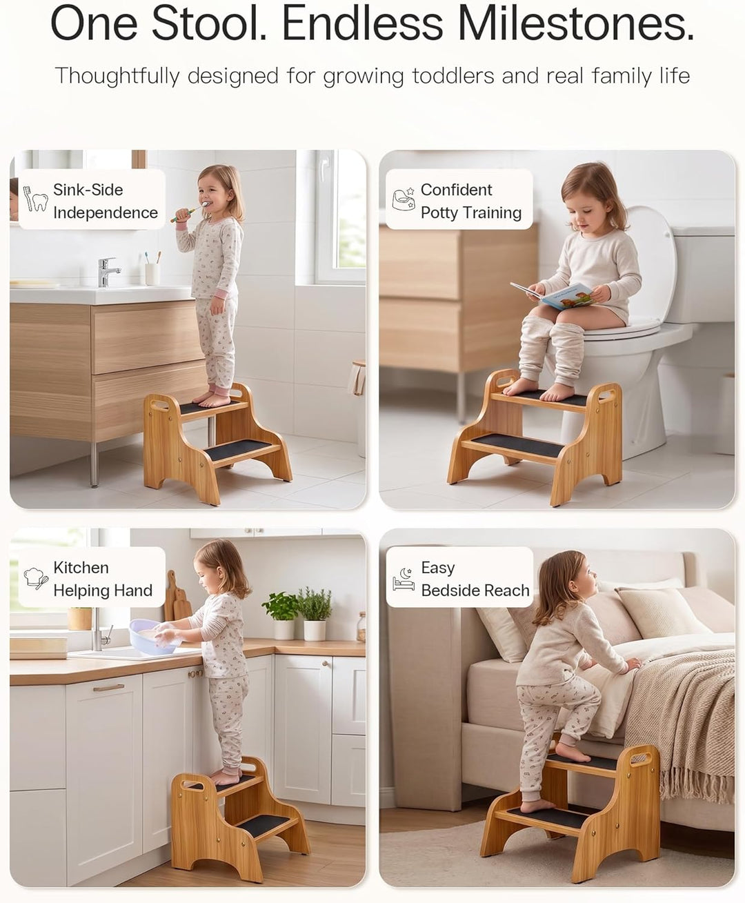 StrongTek Wood 2 Tritthocker für Kinder mit Rutschfester Trittfläche, tragbaren Griffen, rutschfeste