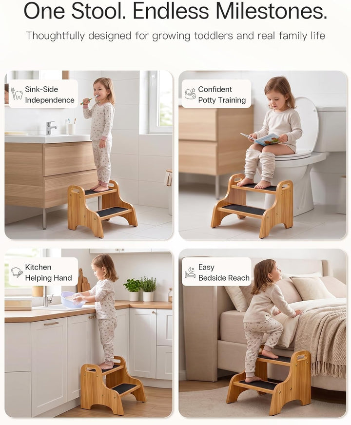 StrongTek Wood 2 Tritthocker für Kinder mit Rutschfester Trittfläche, tragbaren Griffen, rutschfeste