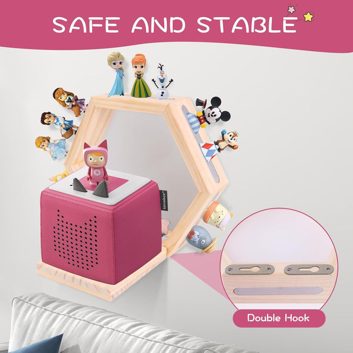 Tonie Shellf Hexagon for Toniebox Starter Tonie Shelf Wall Mounted Set of 3, Magnetic Wooden Floatin