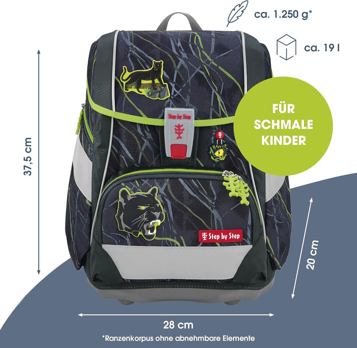 Step by Step Schulranzen-Set 2IN1 PLUS „Danger Cat Chiko“ 6-teilig, grau-grün, Dschungel-Design, erg