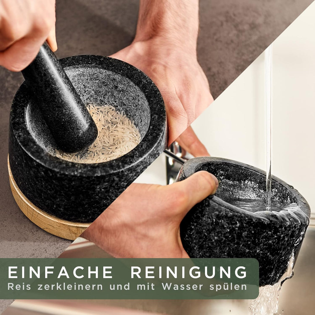 WALDWERK Mörser mit Stössel - Mörser auf edler und stabiler Eichenholzbasis - Mörser mit extra lange