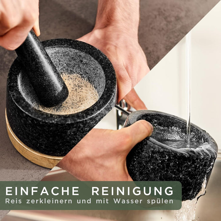 WALDWERK Mörser mit Stössel - Mörser auf edler und stabiler Eichenholzbasis - Mörser mit extra lange
