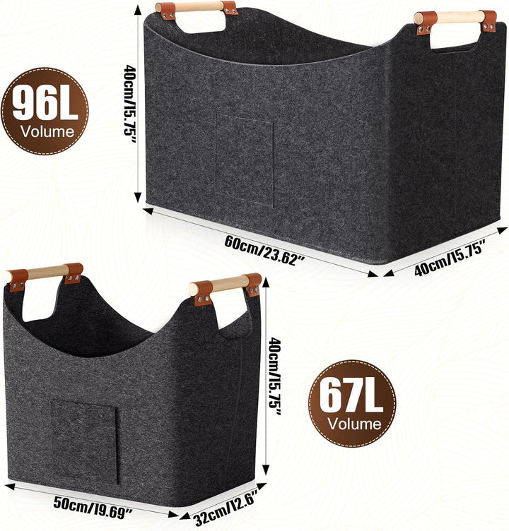Feuerholzkorb 2er Set 67L & 96L – Filz Holzkorb mit Griffen, 50×32×40 cm & 60×40×40 cm, Kaminholz Ta