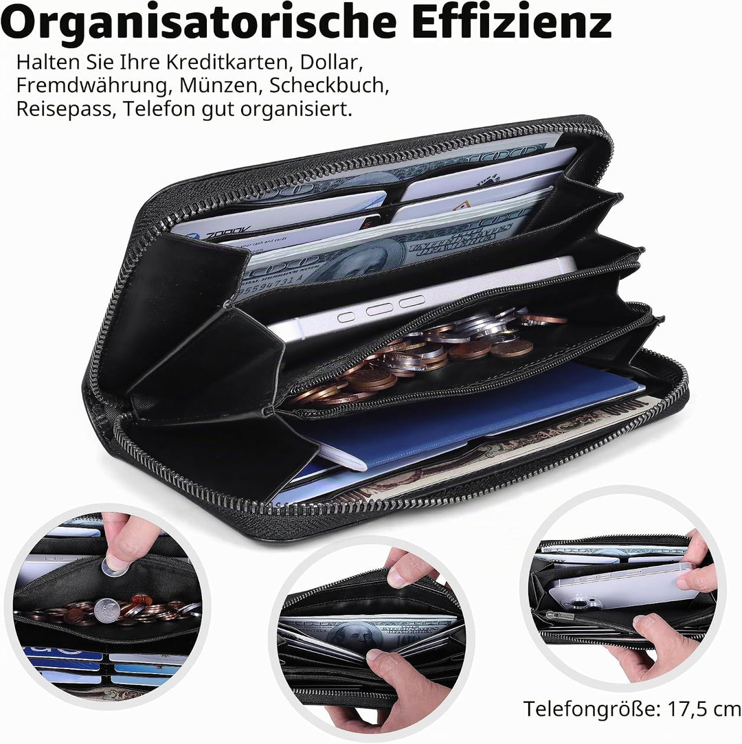 VISOUL Premium Brieftasche Echtleder/Italienisches Leder mit RFID-Schutz, XXL Geldbörse Schwarz L02,