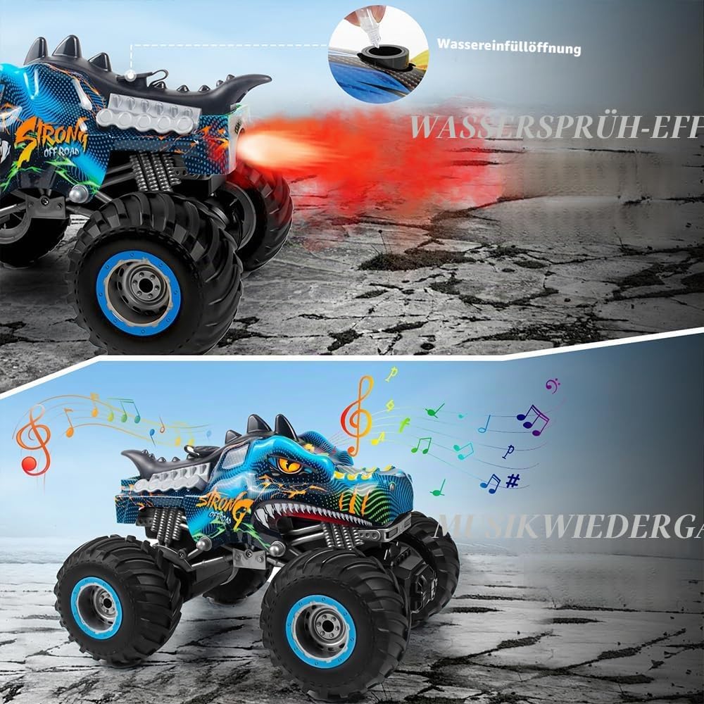 Rhybor Ferngesteuertes Auto Dinosaurier 1:16 Massstab RC Monster Truck Fernbedienung Auto mit Sprühn