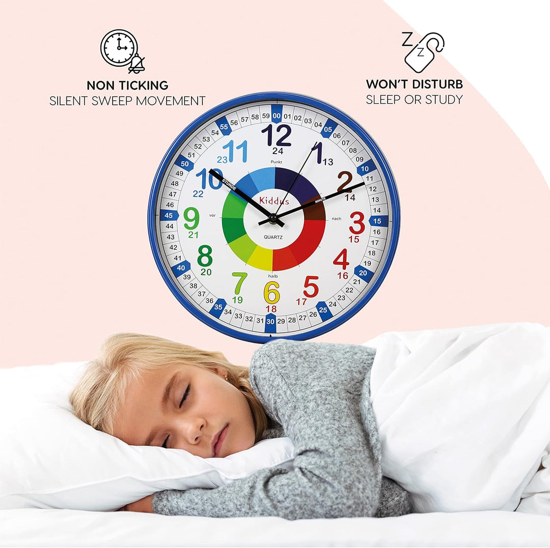 Kiddus Kinder Wanduhr, Jungen und Mädchen, Analoger Lernuhr mit Zeitlernübungen, Kinderwanduhr Ohne