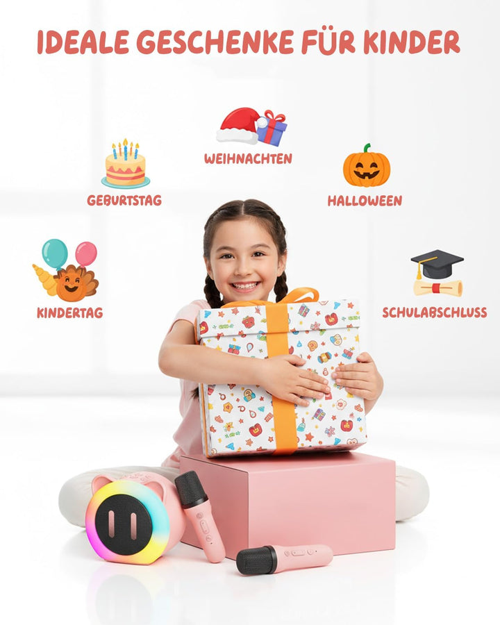 Kinder Karaoke Maschine mit 2 Bluetooth Mikrofonen, 5 Stimmverzerrer-Effekten, RGB Partylicht, Tragb