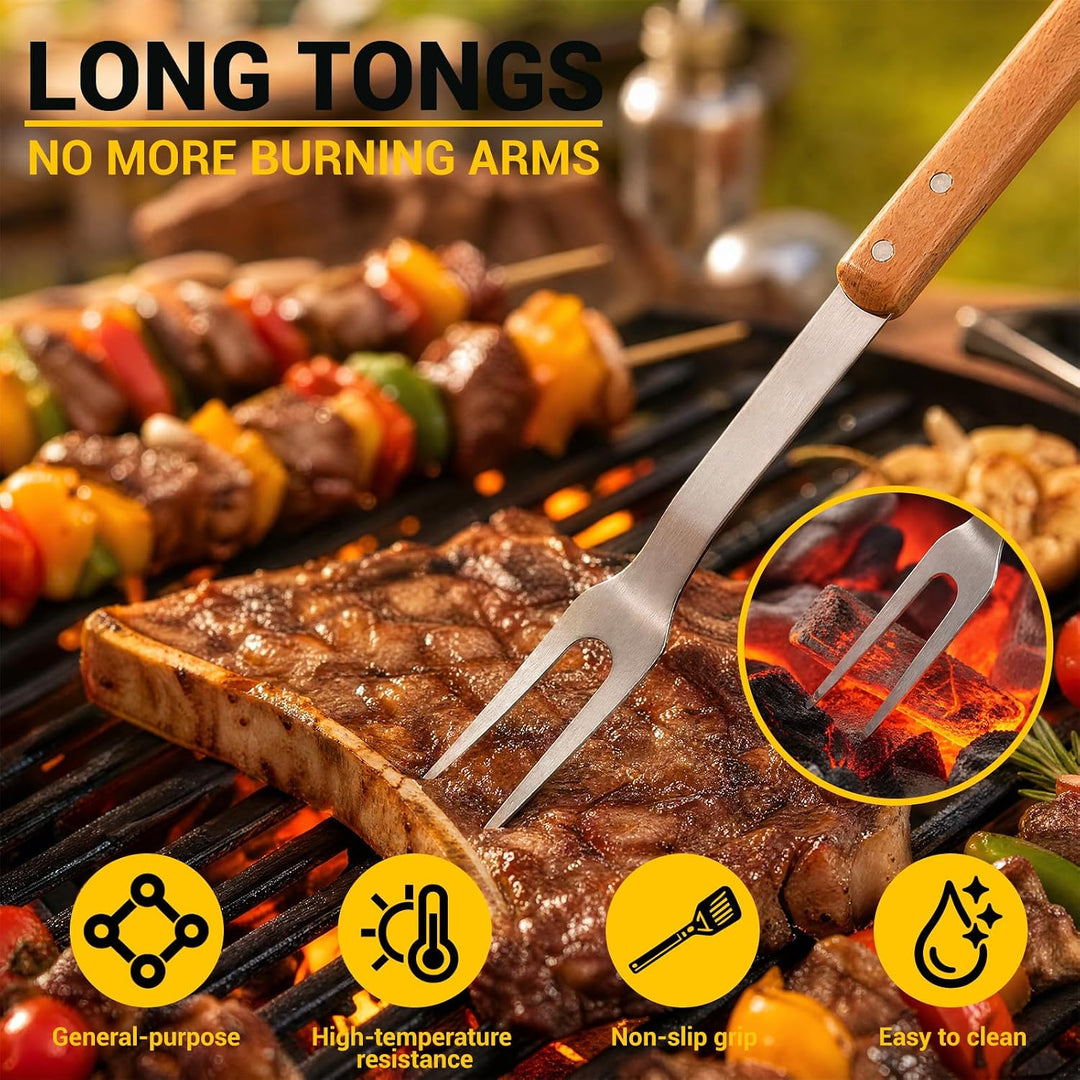 Grillbesteck Set 4-teilig Edelstahl Holzgriff Zange Wender Gabel Bürste | Grillbesteck mit Akazienho