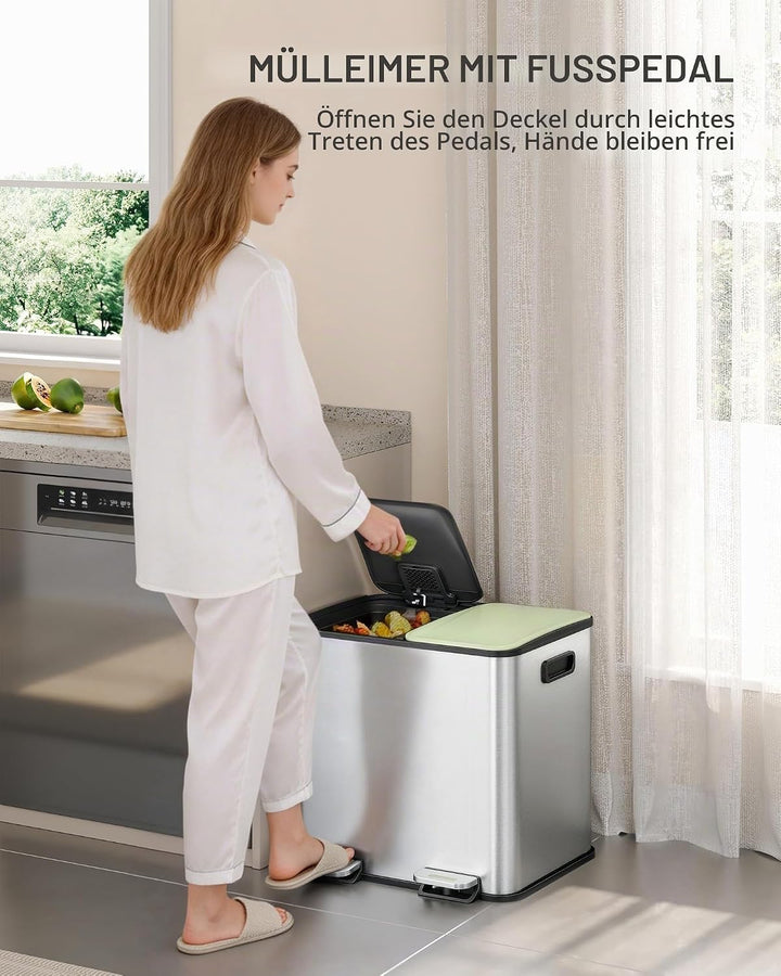 Hzuaneri Mülleimer Küche, 2 x 15 L, Mülltrennsystem 2 Fächer, Mülleimer mit Farbigem Soft-Close-Deck