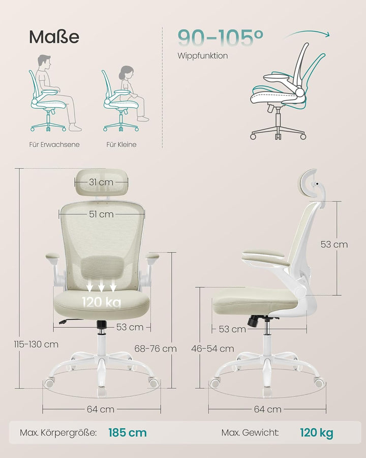 SONGMICS Bürostuhl ergonomisch, Schreibtischstuhl, Drehstuhl mit Mesh, gepolsterte Lendenstütze, Wip