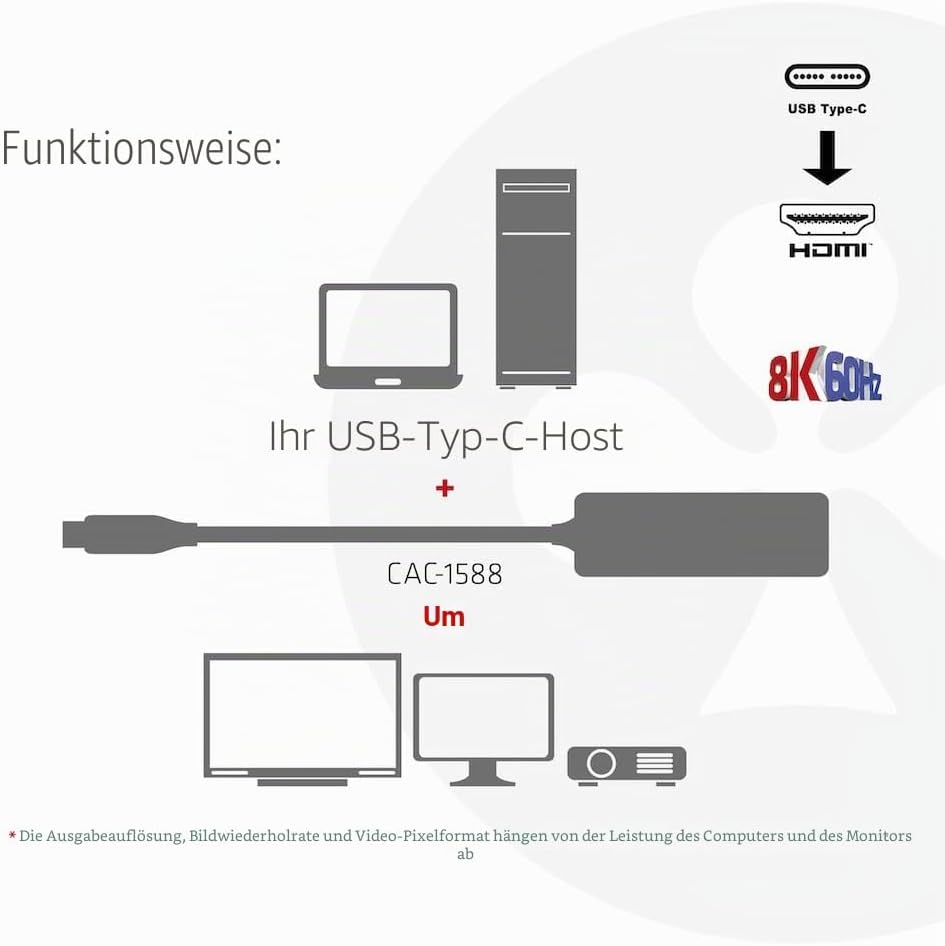 Club3D CAC-1588 USB Gen2 Typ-C zu HDMI™ 8K60Hz oder 4K120Hz HDR10, DSC1.2, Power Delivery 3.0 Activ