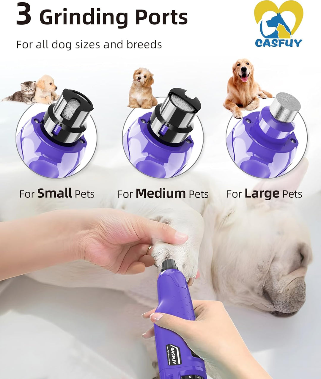 Casfuy Krallenschleifer für Hunde - (45 dB) 6-Gang-Haustier-Krallenschleifer mit 2 LED-Lichtern für