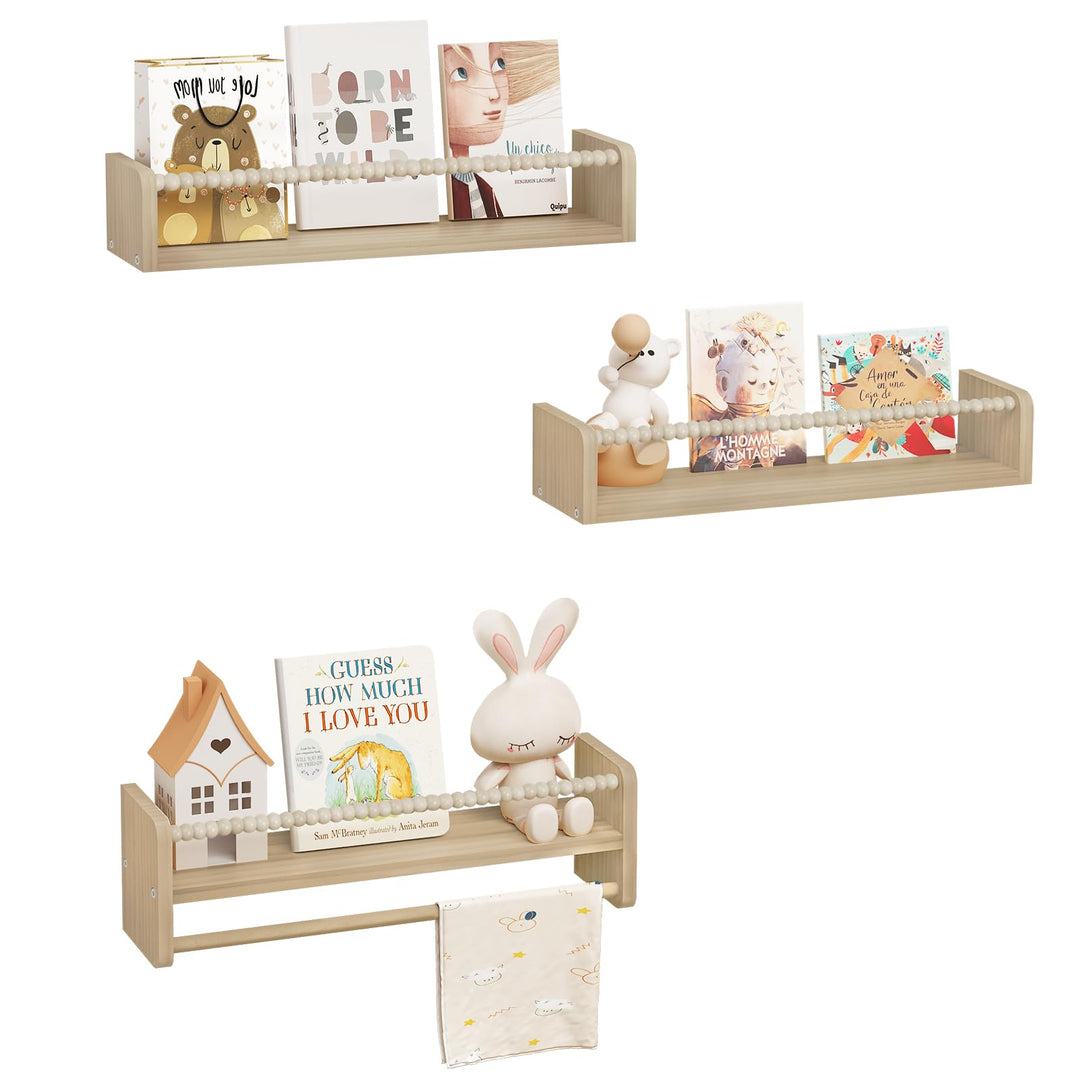 WOLTU 3er Set Kinder Bücherregal Wand, 50cm Wandregal Kinderzimmer, aus Massivholz, Hängeregal Schwe