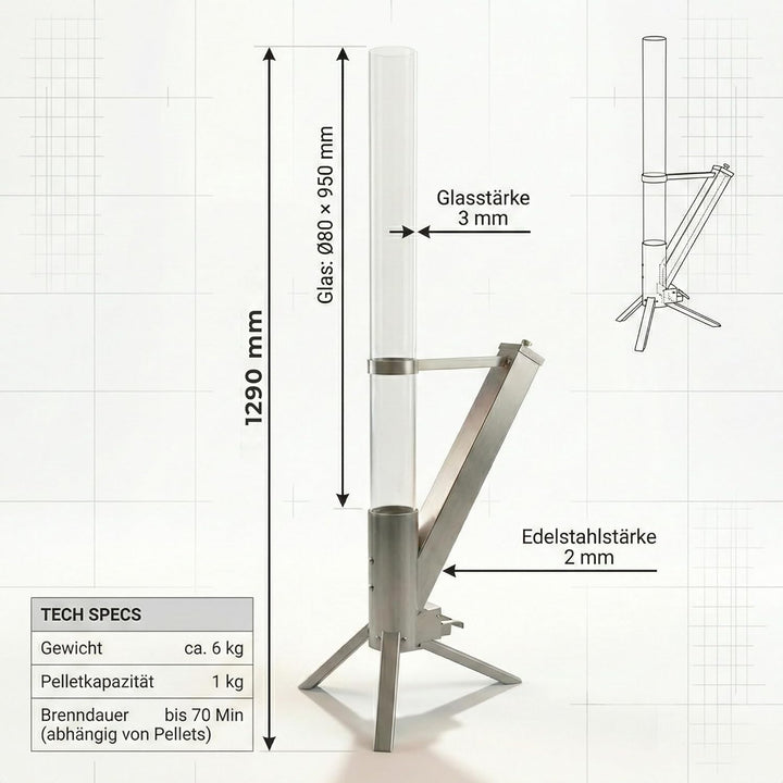 Albatros hochwertige Pelletfackel aus Edelstahl | Raketenofen für den Garten | mit Glas Feuerrohr |