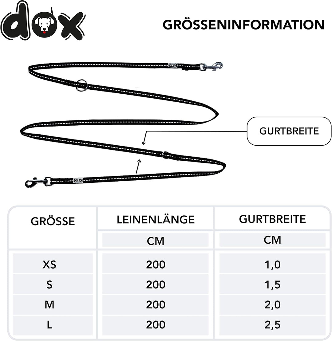DDOXX Reflektierende Nylon Hundeleine - 2m, 3fach verstellbare Hundeleine für alle Hundegrössen - M
