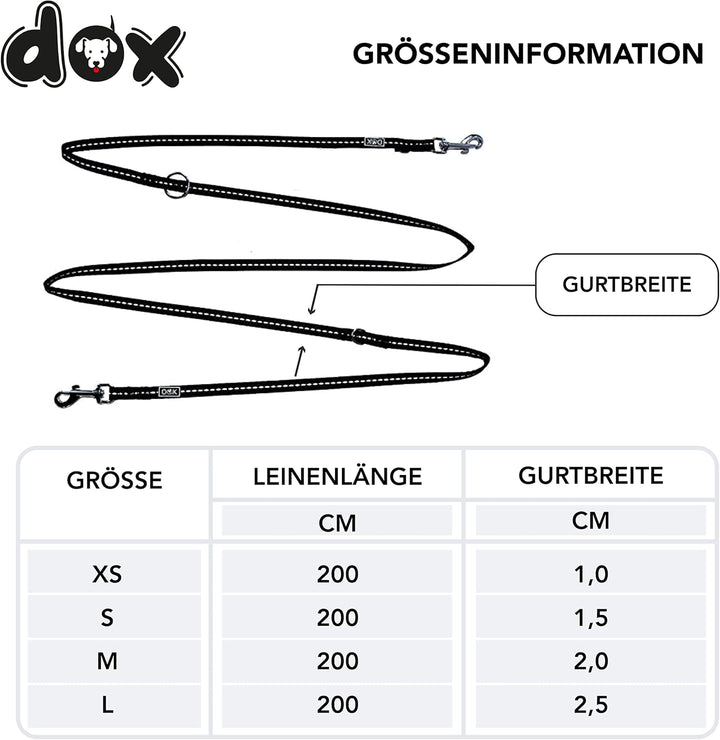 DDOXX Reflektierende Nylon Hundeleine - 2m, 3fach verstellbare Hundeleine für alle Hundegrössen - M