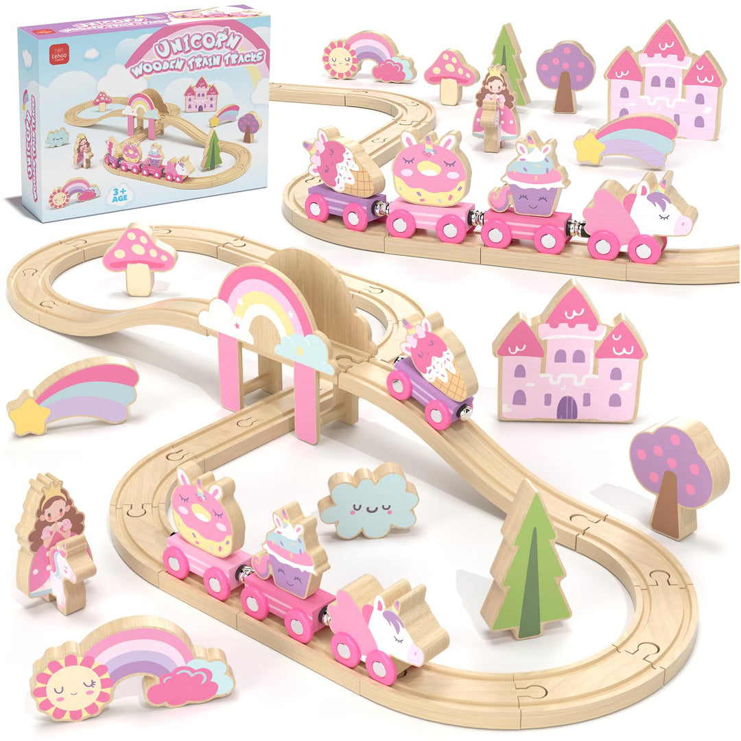 Lehoo Castle Holzeisenbahn für Mädchen, Holz Eisenbahn Kinder, Eisenbahn Holz, Einhorn Spielzeug, Sp
