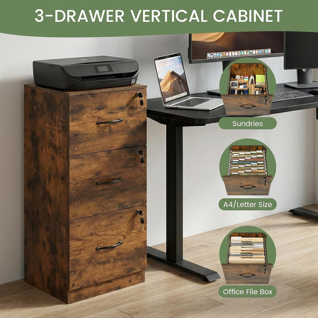 Aktenschrank Abschliessbar, Büroschrank Holz mit 3 Schubladen, Mehrzweckschrank 40 cm Breit, Schubla