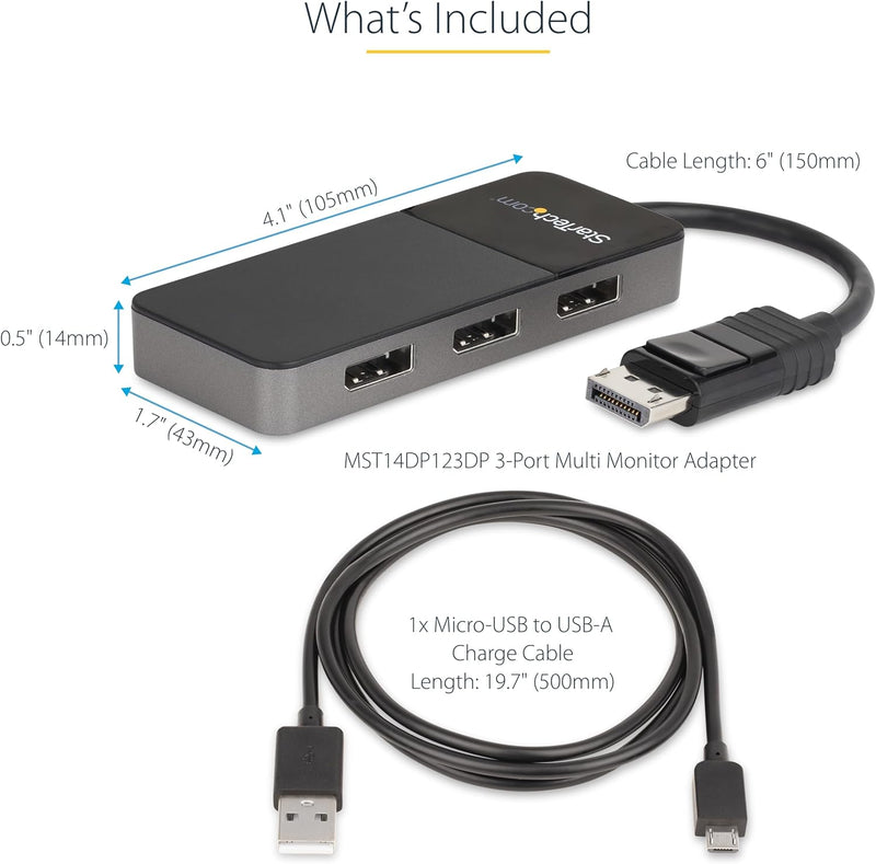 StarTech.com 3-Port Multi-Monitor DisplayPort Adapter, DP auf 3x DisplayPort 1.4 Splitter, Dreifach