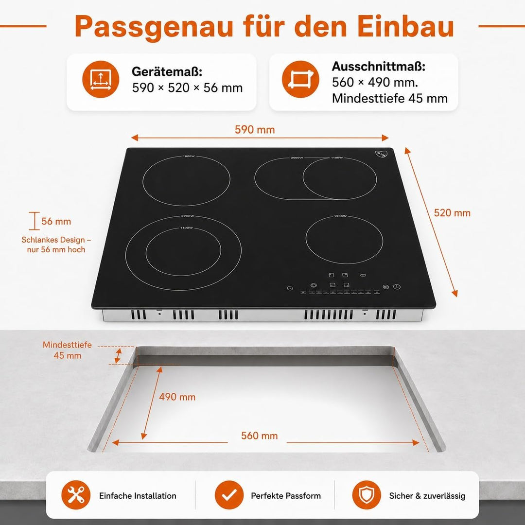 K&H® 4 Zonen Glaskeramikkochfeld 59cm Elektro Autark Eingebaut NC-7206