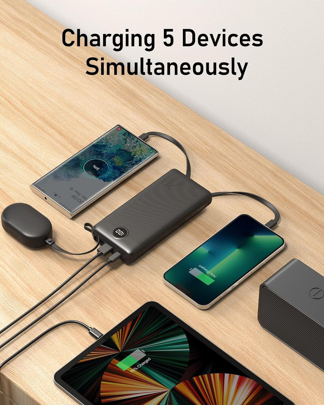 Powerbank 20000mAh Power Bank mit Kabel VEEKTOMX Powerbank USB C Tragbares Ladegerät 5 Ausgängen LED
