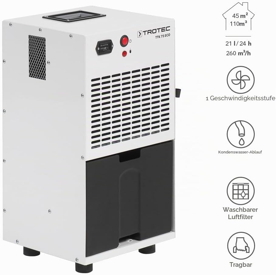 TROTEC TTK 75 ECO Luftentfeuchter Bautrockner Luftentfeuchter – 21 l/Tag | Raumgrösse bis 45 m²/110