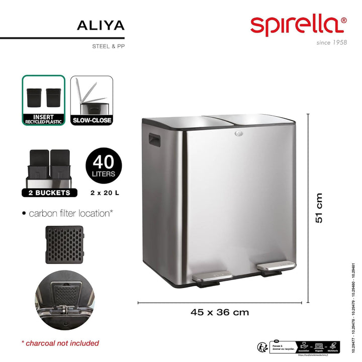 Spirella – 40-Liter-Küchenabfalleimer (2 x 20 Liter) mit Pedalantrieb – Modell Aliya – Gebürsteter E