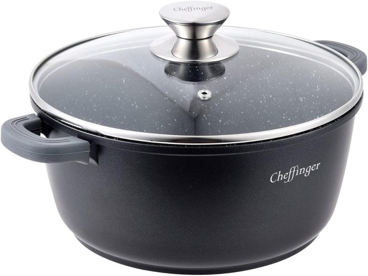 Cheffinger Kochtopf Aluguss Induktion Ø24cm Suppentopf Pfanne Topf Deckel Brattopf Schwarz, CF-DC24