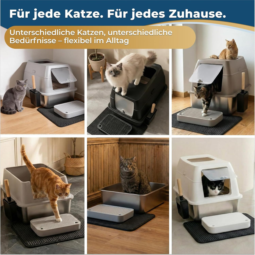 Katzenklo Edelstahl mit Deckel XXL – Geschlossene Katzentoilette mit 2 Eingängen, Trittstufe, Schauf