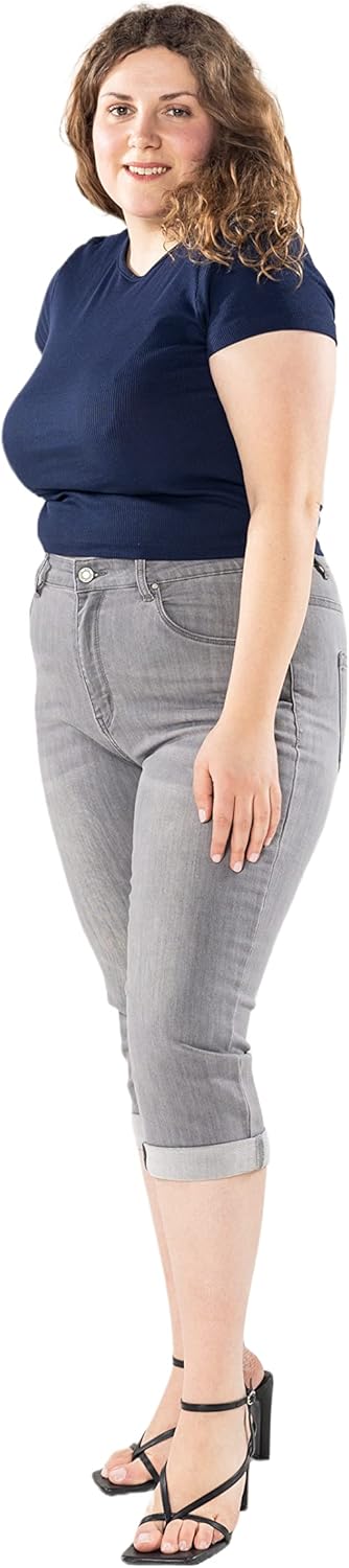 P200 Damen Capri Jeanshosen Grosse Grössen HIGH Waist Jeans Sommer Hose Used-Look, 42 Große Gr&
