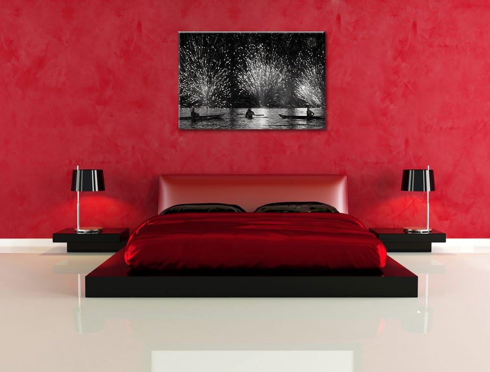 Pixxprint Feuerwerk auf dem Wasser / 100x70cm Leinwandbild bespannt auf Holzrahmen/Wandbild Kunstdru