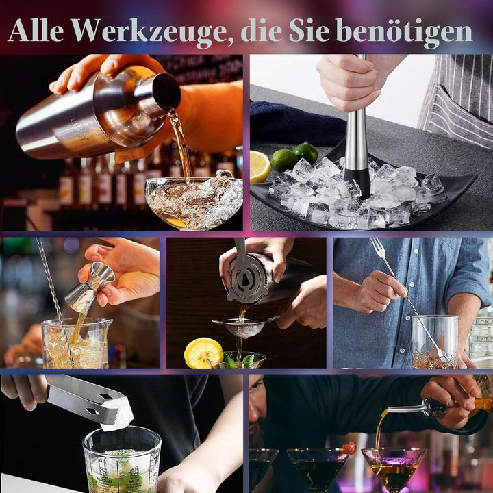 Perjoy 12pcs Cocktail Shaker mit Ständer, Rostfreie Stähle Cocktail Set Mit Doppelten Jigger, Einer