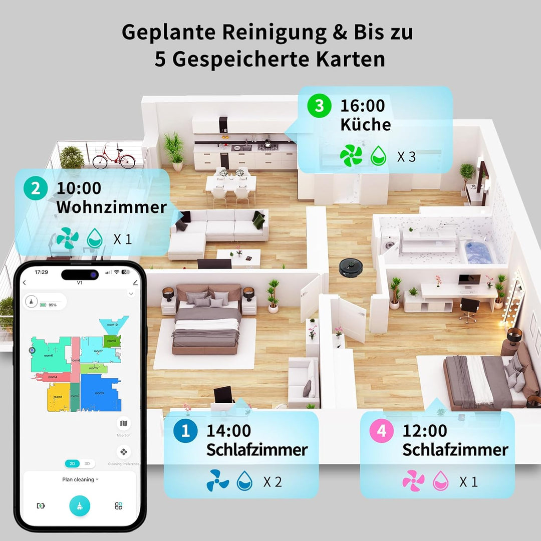 V2 Saugroboter mit Wischfunktion 3 in 1, 3.5L Staubsauger Roboter mit Absaugstation, 4000Pa Saugkraf