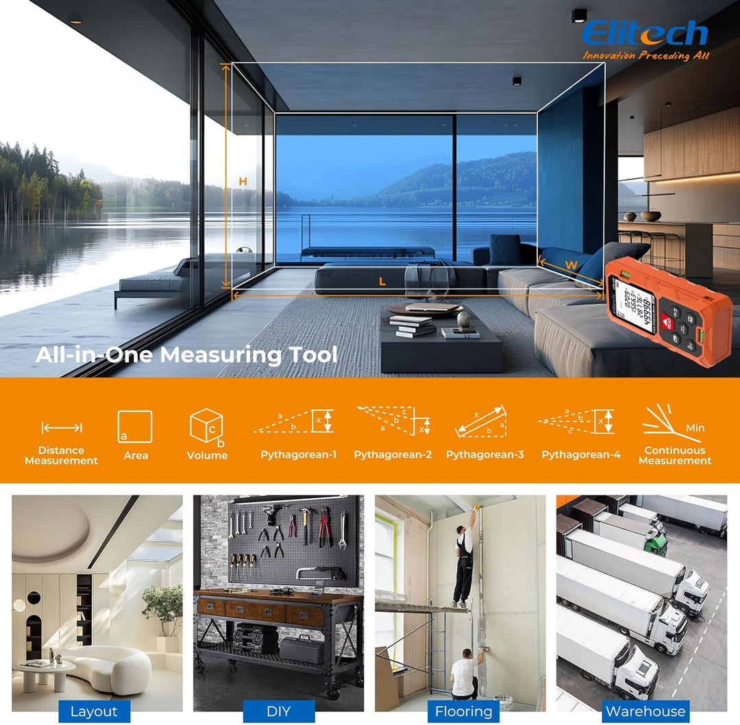 Elitech LDM-50-Series Laser Entfernungsmesser 50m Reichweite, ±2mm Genauigkeit, Flächen-/Volumen-/Py