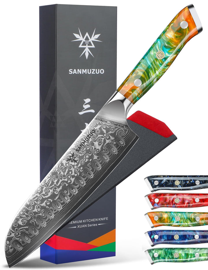 Damastmesser 18 cm Santokumesser - Japanisches Kochmesser - VG 10 Damaskus Stahl Küchenmesser mit Ha
