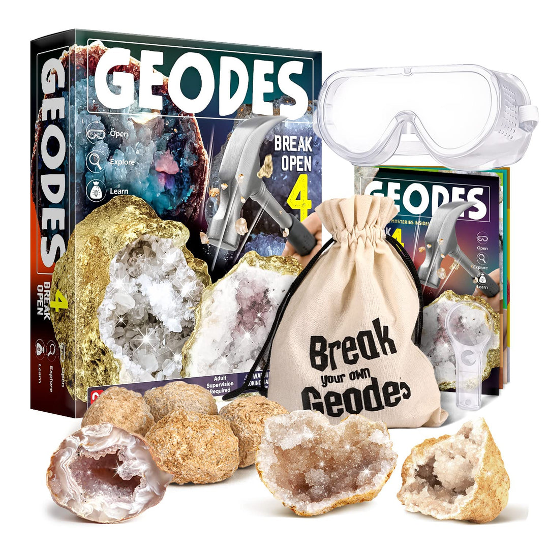 Byncceh Geoden zum Aufbrechen – 4 aufbrechbare Geoden mit Schutzbrille, Lernhandbuch, Lupe & Aufbewa