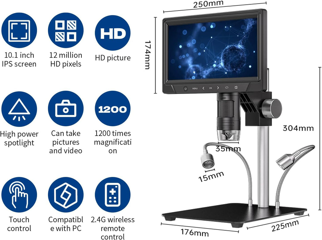 Auveach Digitales Mikroskop 25,6 cm (10,1 Zoll) IPS-Bildschirm 1200 x 12 MP 1080P HD Video Mikroskop