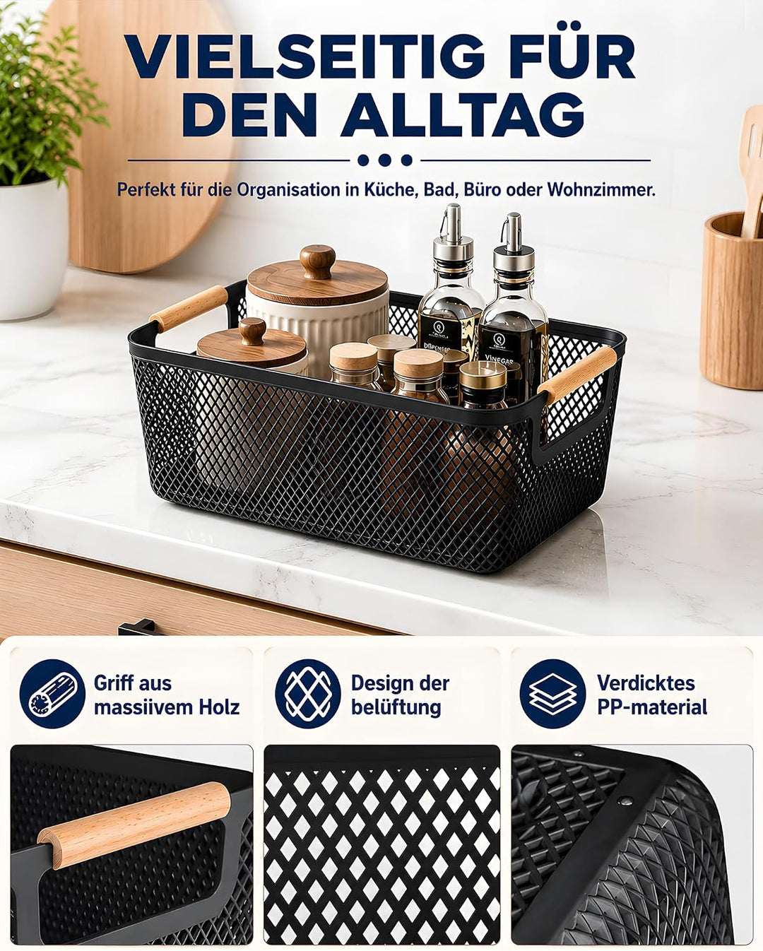 Aufbewahrungsbox Kunststoff Schwarz 6er Set, Kunststoff-Netzkörbe mit Holzgriff, offene Organizer Bo