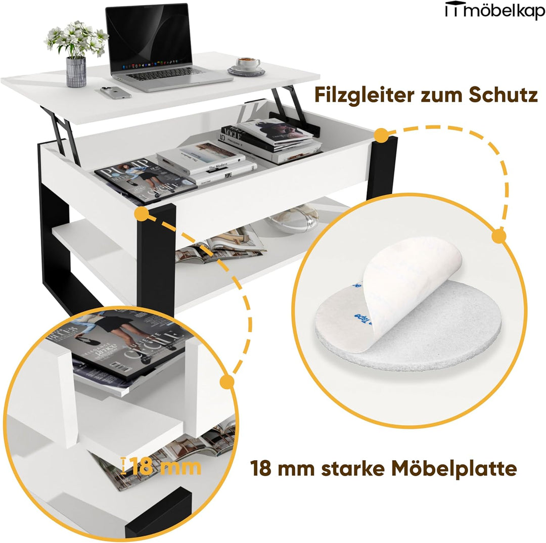 Couchtisch mit anhebbarer Platte | Höhenverstellbarer Wohnzimmertisch mit Stauraum | Sofatisch Weiss