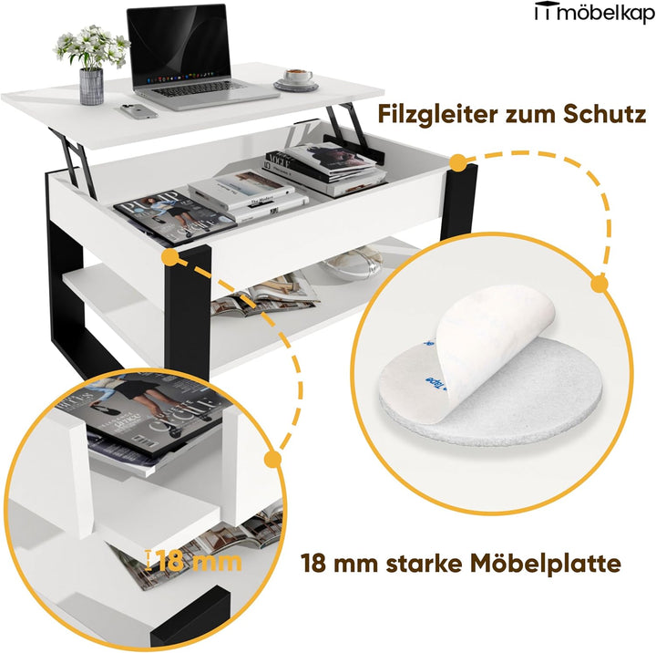 Couchtisch mit anhebbarer Platte | Höhenverstellbarer Wohnzimmertisch mit Stauraum | Sofatisch Weiss