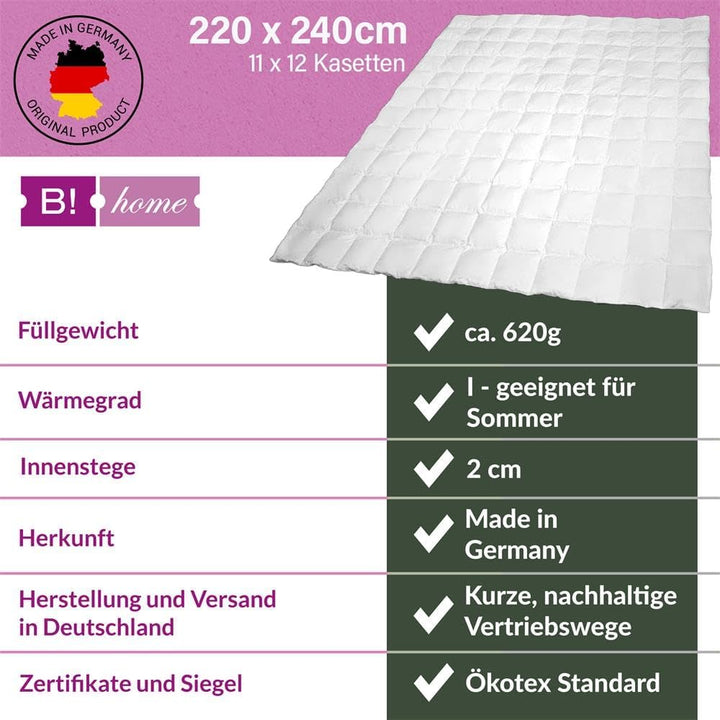 B!HOME Sommerdecke 100% Daunen 220x240cm (620g) Bezug 100% Baumwolle Decke Sommerbett Bettdecke Step