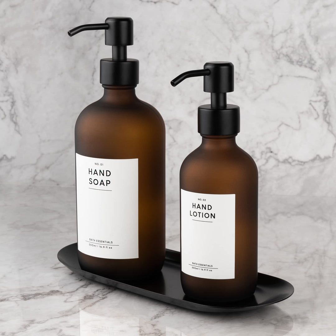 MONOKO 2er Set Seifenspender Braun Matt aus Glas mit Tablett | 500/250ml Spülmittelspender Küche | F