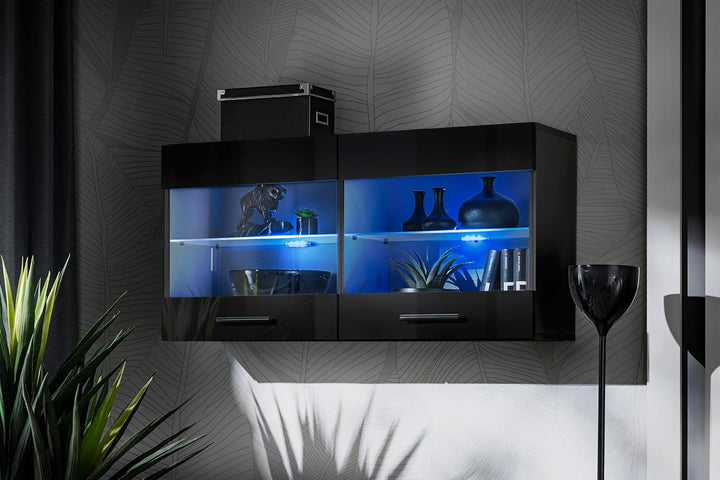 Komodee, Vitrine Schrank Savona, Schwarz/Schwarz, Breite 100cm x Höhe 50cm x Tiefe 30cm, LED RGB, 2