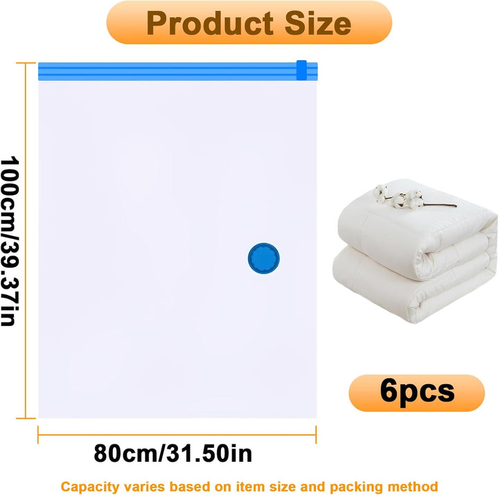 6 Stück Vakuum Beutel 100 x 80 cm für Kleidung Bettdecken | Wiederverwendbare Vacuum Storage Bags St