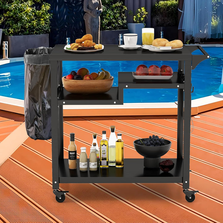 COSTWAY Grillwagen Grilltisch Outdoor, Pizzatisch mit 4 Ablagen & 4 Rollen & Haken, Grill Beistellti