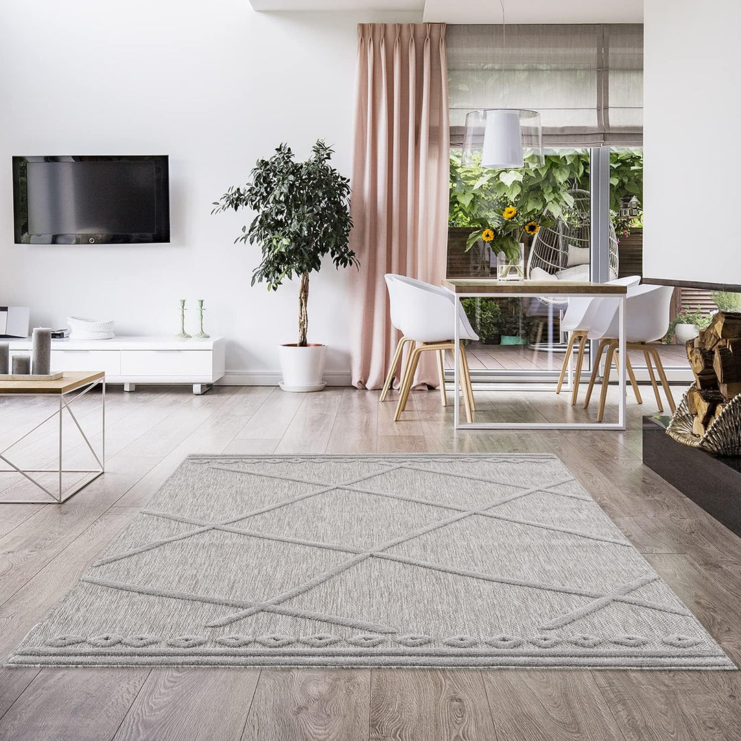 Teppich - In- & Outdoorteppich - Grau - Geometrische Muster - 80x150cm - Teppiche für Balkon Terrass