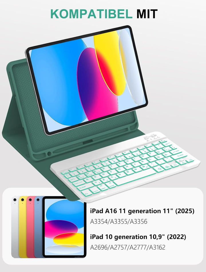 JADEMALL Für iPad Hülle mit DE Tastatur für 11./10. Gen (2025/2022) – 7-Farben Beleuchtete Bluetooth