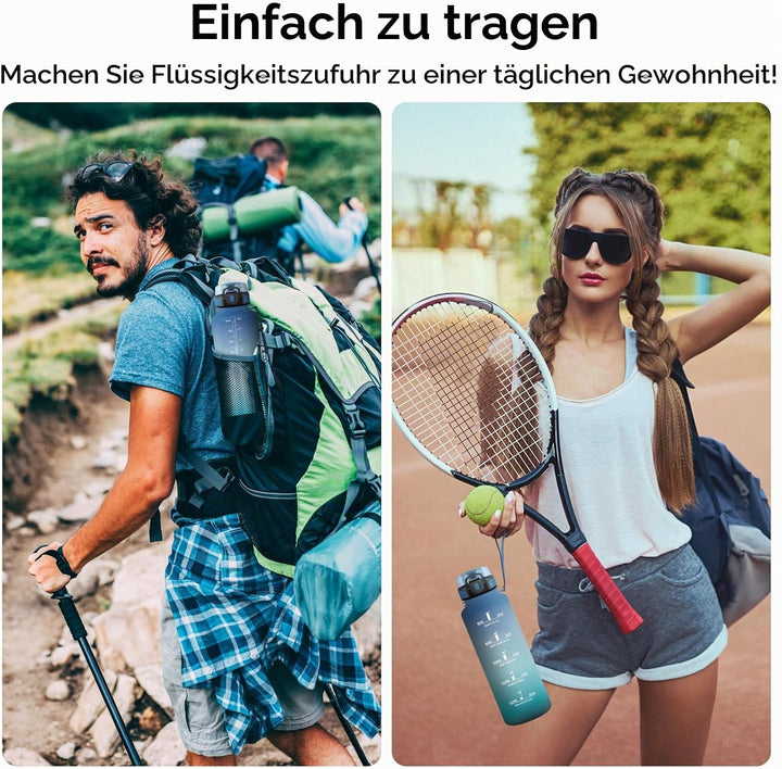 KollyKolla Trinkflasche Kohlensäure Geeignet, 500ml/1L/1.5L, Sport Trinkflasche mit Zeitmarkierung,